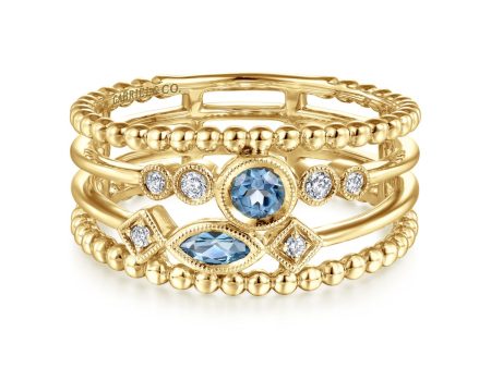 14K Yellow Gold Swiss Blue Topaz and Diamond Multi Row Ring Fashion