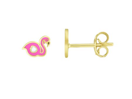 14K Gold Enamel Flamingo Stud Earring For Sale