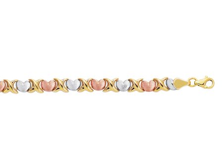 14K Tri-color Gold X & O Heart Stampato Bracelet Cheap