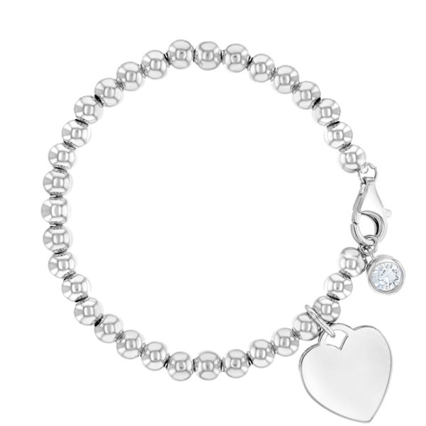 Children s Sterling Silver Beaded Engravable Heart Bracelet w  CZ Online Sale