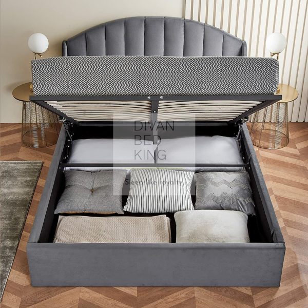 Holden Soft Grey Velvet Ottoman Storage Winged Bed Frame For Discount