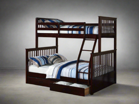 Espresso Wooden Storage Twin over Double Bunk Bed with Drawers For Sale