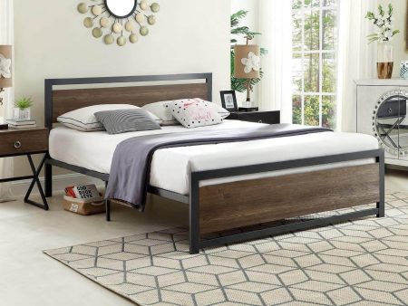 Wood Panel Bed With a Grey Steel Frame Headboard Online