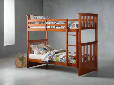 Mission Honey Oak Wood Bunk Bed Single over Single (Twin) with Convertible Design For Sale