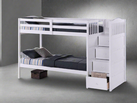 White Wood Twin over Twin Bunk Bed with RHF Stairways and Pull out Storage Drawers For Discount