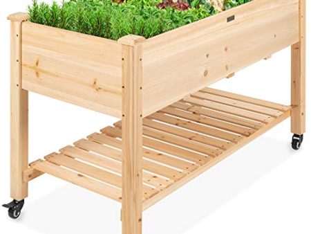 Best Choice Products Raised Garden Bed 48x24x32-inch Mobile Elevated Wood Planter w Lockable Wheels, Storage Shelf, Protective Liner - Natural Supply