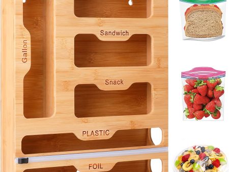 WimWam Bag Storage Organizer and Wrap Dispenser with Cutter and Labels, TOOVREN 2 in 1 Bamboo Kitchen Drawer Organizer, Foil and Plastic Wrap Organizer, Plastic Baggie Organizer Food Bag Organizer Discount