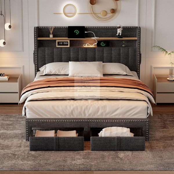 Elinor 2 Drawer Charcoal Linen Bed with LED Lighting, Type C and USB Charging Wing Headboard Shelf Cheap