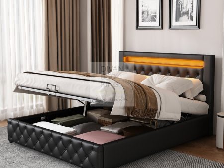 Santiago LED 4ft6 Double Black Leather Ottoman Storage Bed Online Hot Sale