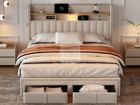 Elinor 2 Drawer Beige Linen Bed with LED Lighting, Type C and USB Charging Wing Headboard Shelf Hot on Sale