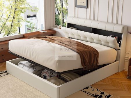 Carmine Cream Beige Leather Ottoman Storage Bed with Headboard Storage Hot on Sale