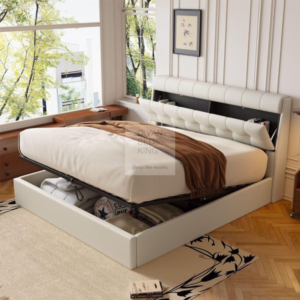 Carmine Cream Beige Leather Ottoman Storage Bed with Headboard Storage Hot on Sale