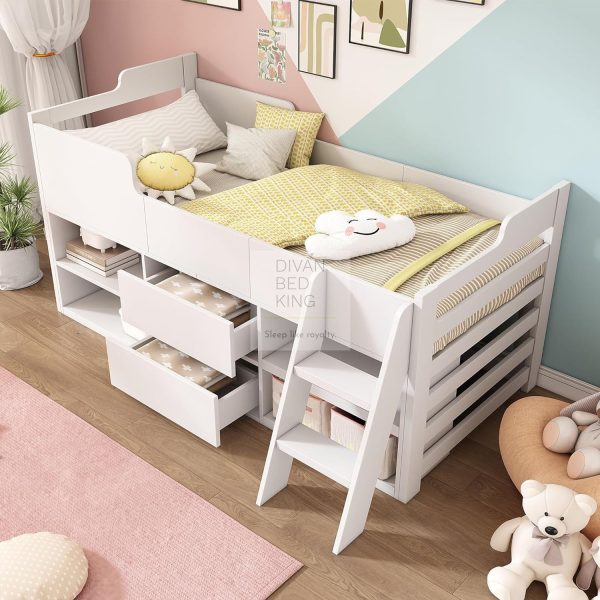 Zenda White Wooden Cabin Mid Sleeper Bed Storage with Drawers and Shelves on Sale