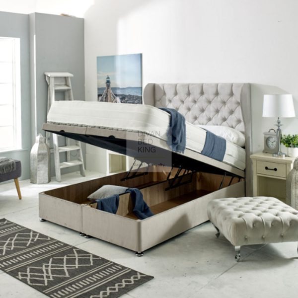 Aryana Wing Luxury Ottoman Divan Bed with Winged Floor Standing Headboard Option Supply