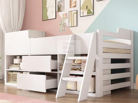 Zenda White Wooden Cabin Mid Sleeper Bed Storage with Drawers and Shelves on Sale