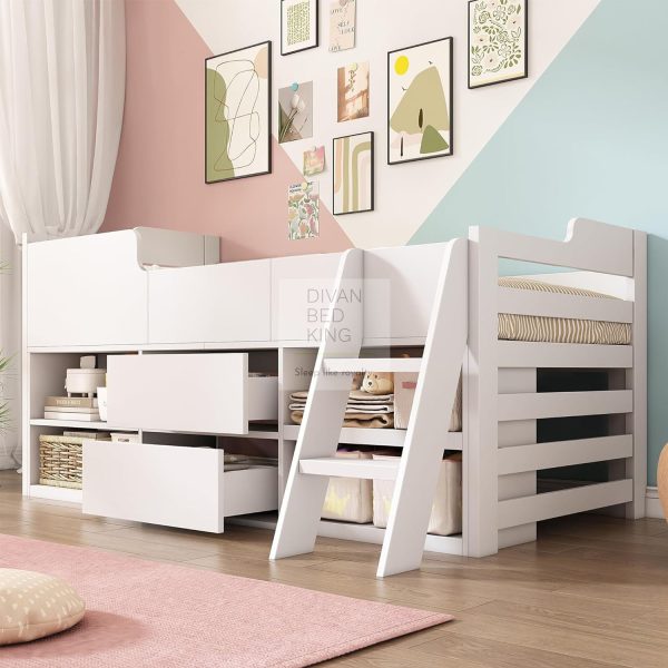 Zenda White Wooden Cabin Mid Sleeper Bed Storage with Drawers and Shelves on Sale