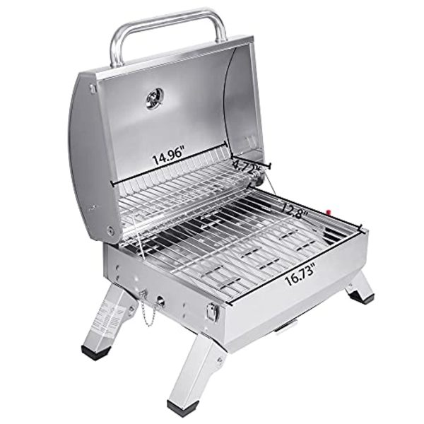 Royal Gourmet GT1001 Stainless Steel Portable Grill, 10000 BTU BBQ Tabletop Gas Grill with Folding Legs and Lockable Lid, Outdoor Camping, Deck and Tailgating, Silver on Sale