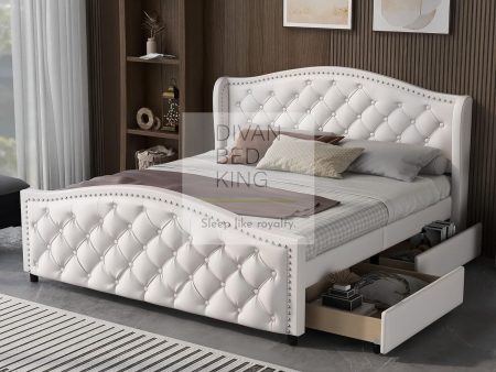 4FT6 Double Royal White Leather Winged Chesterfield Bed Frame with 2 Drawers For Sale