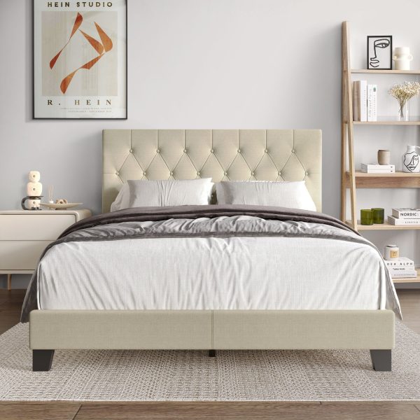 Simple Button Tufted Linen Upholstered Bed Beige - Twin Online