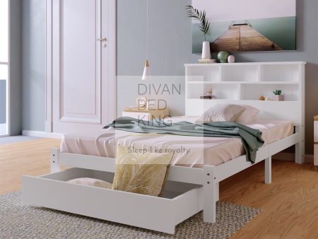 Nelu White Storage Wooden Bed Frame with Shelves and Drawer Fashion