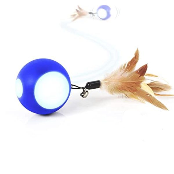 Blinkbrione Cat Toys Busy Ball, Automatic Moving Exercise Ball for Indoor Cats Kitten, Rechargable Interactive Feather cat Toy with Bell & LED Light for Your pet Birthday Gift Supply