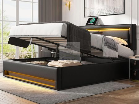 Iris Black Leather Smart Ottoman Bed with LED Lighting, Type C, USB and Wireless Charging Discount