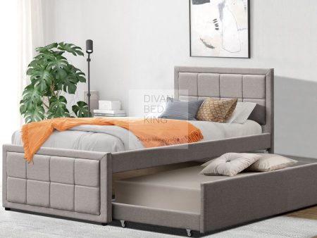 Filston Grey Linen Trundle Guest Bed with Cube Headboard Footboard For Sale