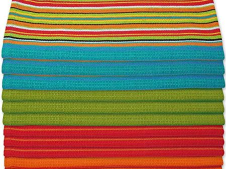 Aunti Em s Kitchen Dish Towels Salsa Stripe - 100% Natural Absorbent Cotton (Size 28 x 16 inches) Festive Red, Orange, Green and Blue, 12-Pack Discount