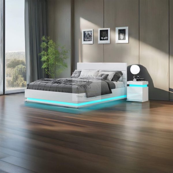 Zena LED White Leather Ottoman Gas Lift Storage Bed Hot on Sale