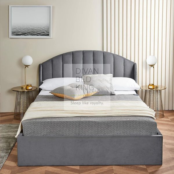 Holden Soft Grey Velvet Ottoman Storage Winged Bed Frame For Discount