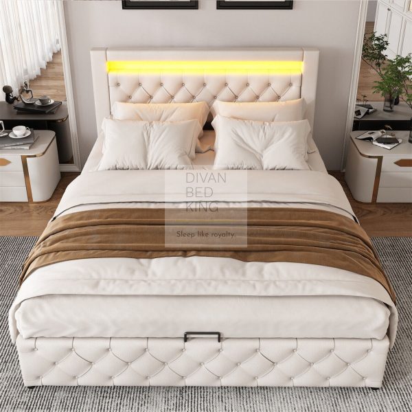 Santiago LED 4ft6 Double White Leather Ottoman Storage Bed on Sale