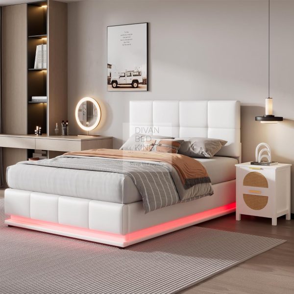 Dario White Leather LED Ottoman Storage Bed with Adjustable Headboard For Cheap