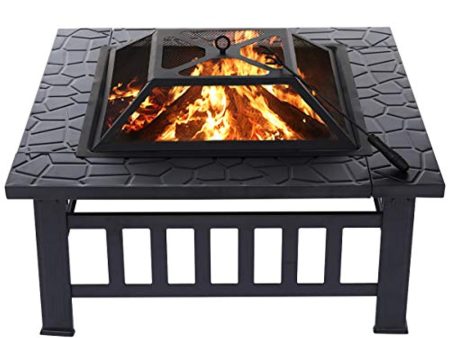 KingSo 32   Outdoor Fire Pit Metal Square Firepit Patio Stove Wood Burning BBQ Grill Fire Pit Bowl with Spark Screen Cover, Log Grate, Poker for Backyard Garden Camping Picnic Bonfire Supply