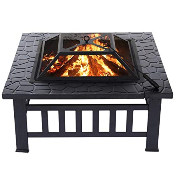 KingSo 32   Outdoor Fire Pit Metal Square Firepit Patio Stove Wood Burning BBQ Grill Fire Pit Bowl with Spark Screen Cover, Log Grate, Poker for Backyard Garden Camping Picnic Bonfire Supply