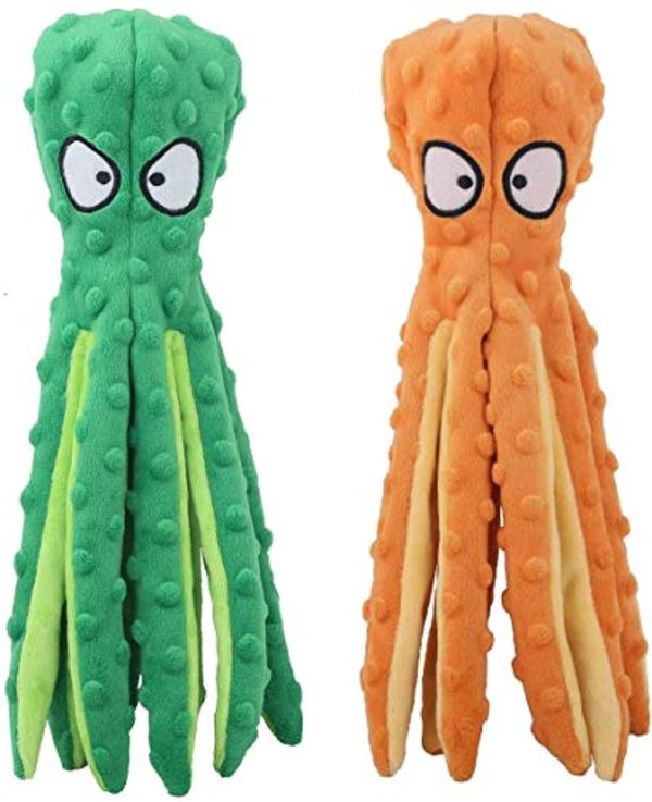 IDekooror  Dog Squeaky Toys Octopus - No Stuffing Crinkle Plush Dog Toys for Puppy Teething, Durable Interactive Dog Chew Toys for Small to Medium Dogs Training and Reduce Boredom, 2 Pack(Green+Orange) For Sale