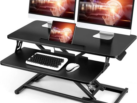 KORGOL Standing Up Desk Converter 36  Height Adjustable Sit Stand Desk with Removable Keyboard Tray, Large Desk Riser Ergonomic Gas Spring Dual Monitor Workstation for Home Office Supply