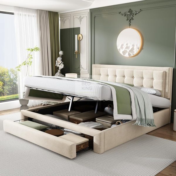 Palmiro Cream Beige Plush Velvet Ottoman Storage Bed with Large Drawer and Adjustable Headboard Online now