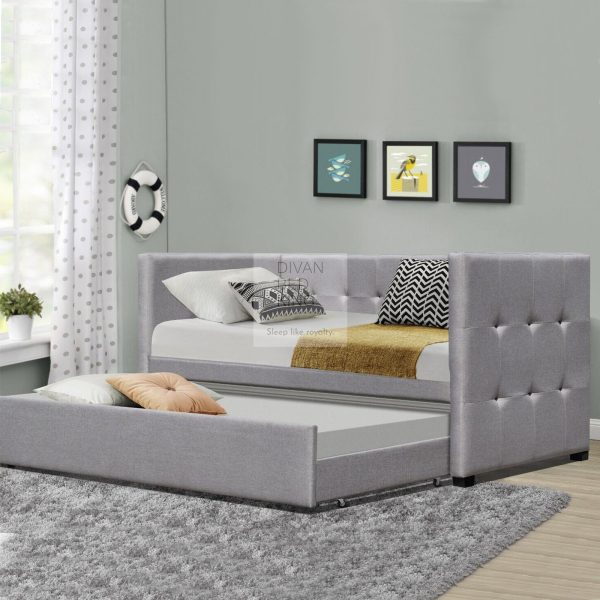 Tacitus 2 Seater Cube Design Grey Linen Daybed Sofa Bed Trundle Guest Bed For Discount