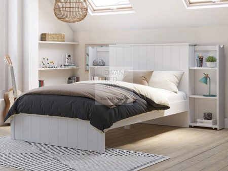 Kira White Storage Wooden Bed with Pull-out Shelves Either Side of Headboard Sale