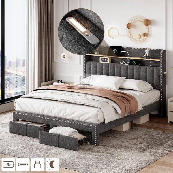 Elinor 2 Drawer Charcoal Linen Bed with LED Lighting, Type C and USB Charging Wing Headboard Shelf Cheap