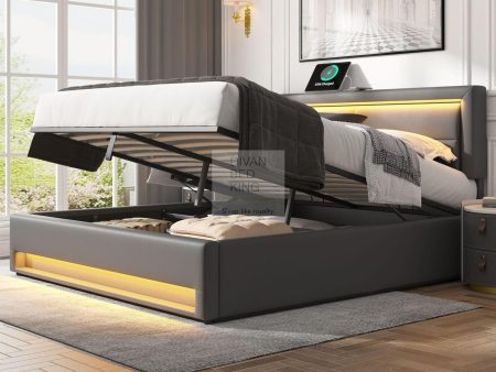 Iris Grey Leather Smart Ottoman Bed with LED Lighting, Type C, USB and Wireless Charging Online Sale