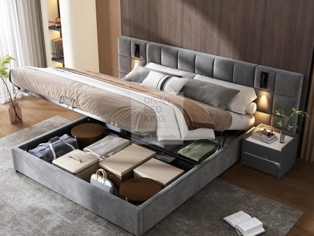 Avernus Oversized Headboard Grey Ottoman Storage Bed Frame with Integrated Lighting & USB Charging Fashion