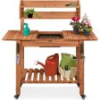 Best Choice Products Outdoor Mobile Garden Potting Bench, Wood Workstation Table w Sliding Tabletop, 4 Locking Wheels, Food Grade Dry Sink, Storage Shelves - Brown Stain Finish on Sale