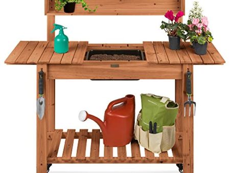 Best Choice Products Outdoor Mobile Garden Potting Bench, Wood Workstation Table w Sliding Tabletop, 4 Locking Wheels, Food Grade Dry Sink, Storage Shelves - Brown Stain Finish on Sale