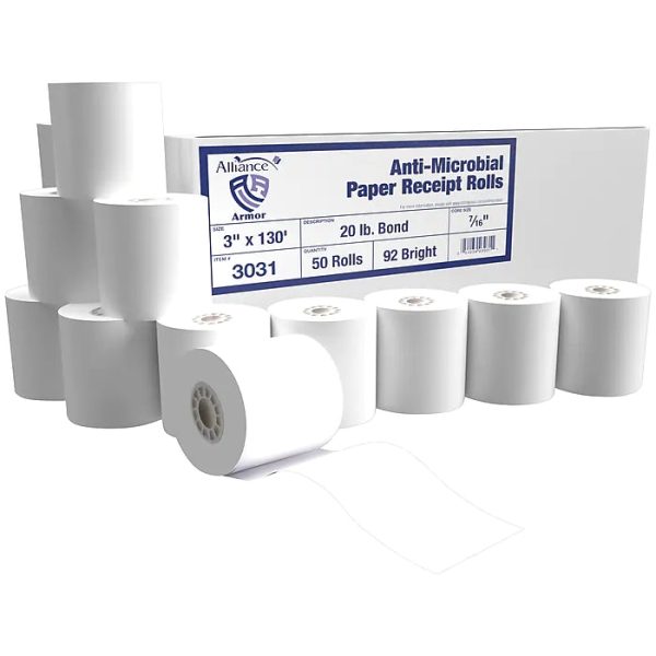 Alliance Armor Receipt Paper Roll, 3  x 130 , 50 Rolls Carton Supply