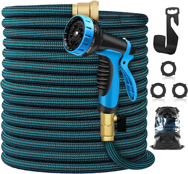 UNFORT Expandable Garden Hose 25Ft,Retractable Garden Hose with 10 Function Spray Nozzle and 3 4 USA StandardSolid Brass Fittings, Lightweight Retractable Collapsible Gardening Flexible Water Hose Supply