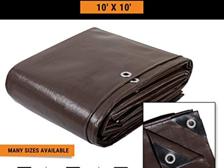 10  x 10  Super Heavy Duty 16 Mil Brown Poly Tarp Cover - Thick Waterproof, UV Resistant, Rot, Rip and Tear Proof Tarpaulin with Grommets and Reinforced Edges - by Xpose Safety Online now