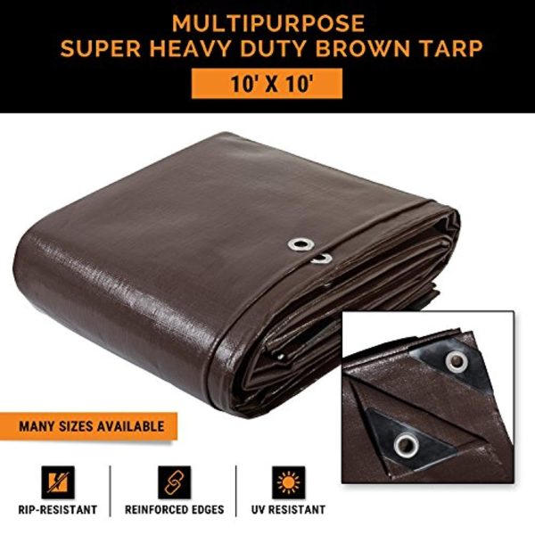 10  x 10  Super Heavy Duty 16 Mil Brown Poly Tarp Cover - Thick Waterproof, UV Resistant, Rot, Rip and Tear Proof Tarpaulin with Grommets and Reinforced Edges - by Xpose Safety Online now