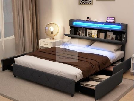 Cynthia 4 Drawer Charcoal Linen Smart Bed with Storage Headboard, LED Lights & USB Charging Sale