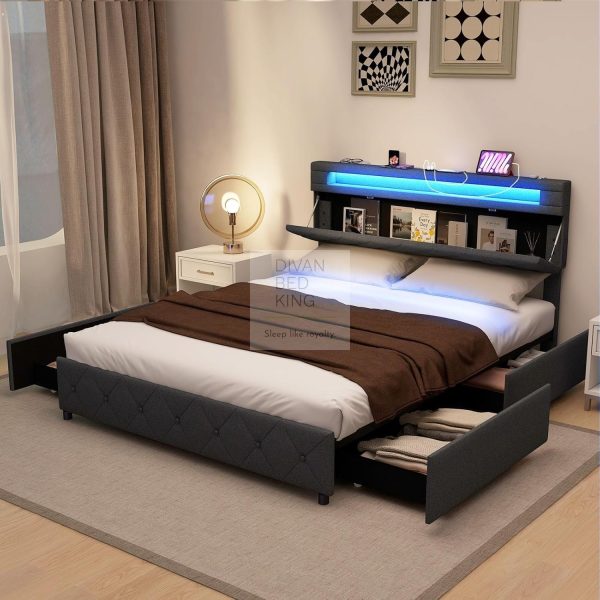 Cynthia 4 Drawer Charcoal Linen Smart Bed with Storage Headboard, LED Lights & USB Charging Sale